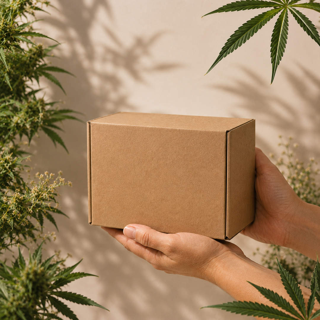 Hands holding a plain brown cardboard box surrounded by cannabis leaves, representing discreet weed delivery in Cape Town